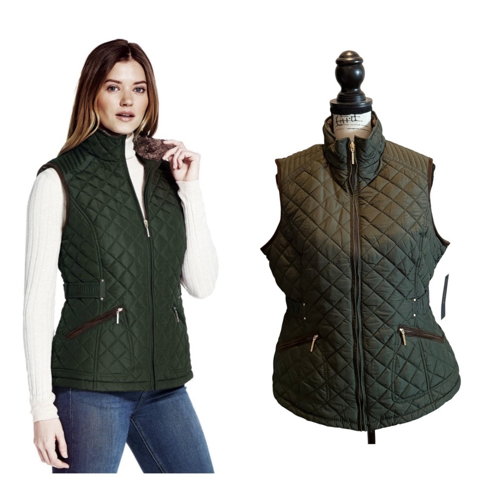 Weatherproof Quilted Faux Fur Ultra Soft Puffer Vest Green Size Large NWT Cozy